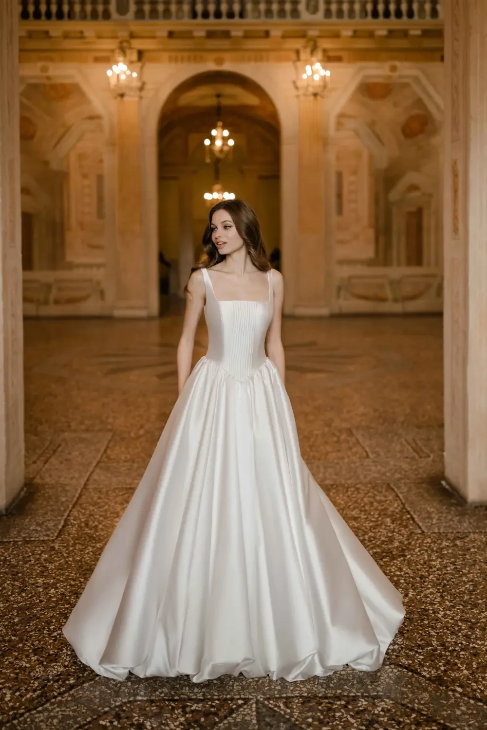 A woman in a white wedding dress standing in a grand hall with ornate architecture and chandeliers.