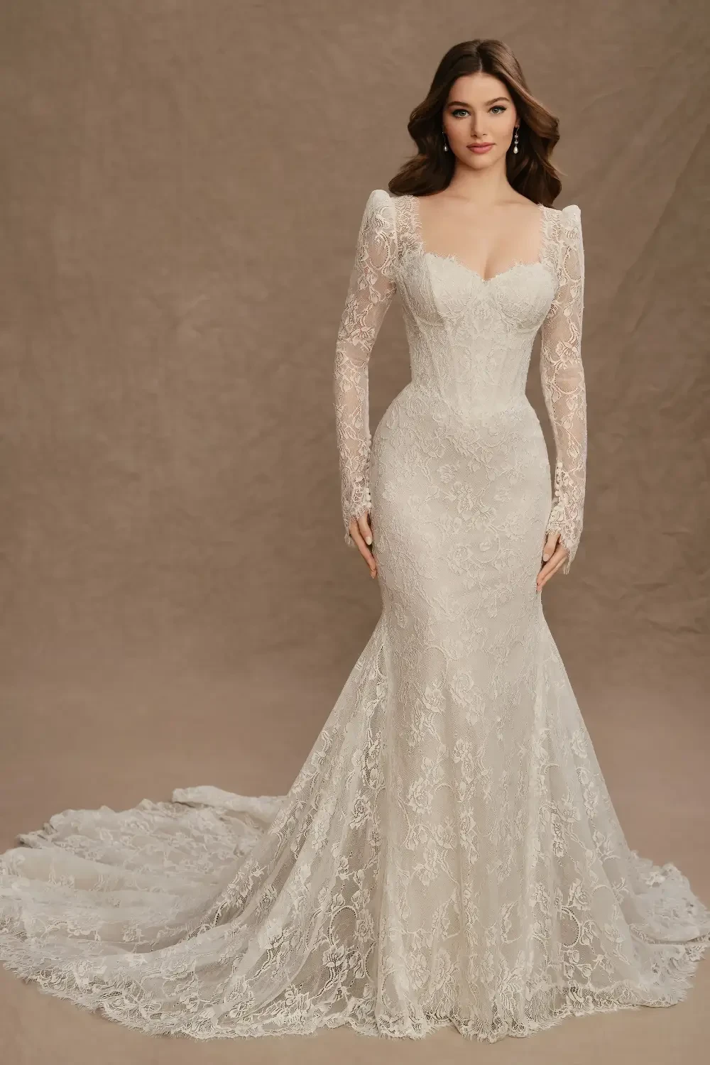 A woman wearing an elegant lace wedding dress with long sleeves, a sweetheart neckline, and a fitted silhouette, posing against a textured background.