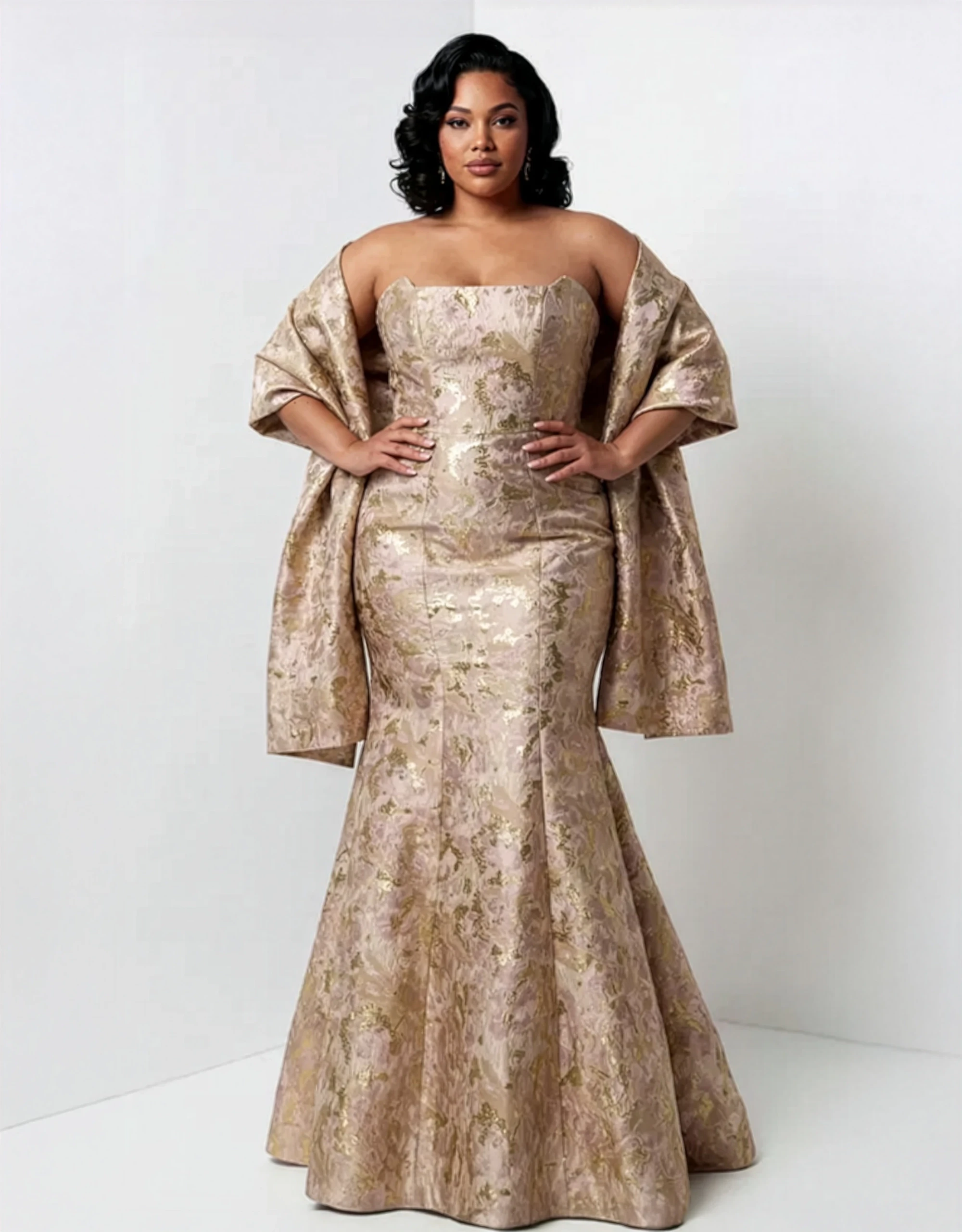 Model wearing a mother of the bride gown.