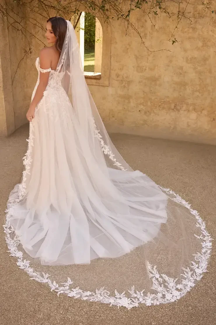 model is wearing a cathedral length bridal veil